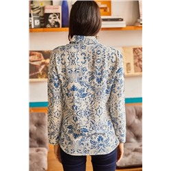 Olalook Kadın Ekru Mavi Desenli Viskon Gömlek GML-19000891