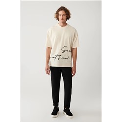 Bej %100 Pamuk Bisiklet Yaka Baskılı T-Shirt