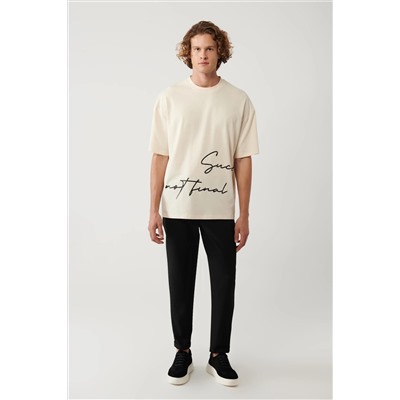 Bej %100 Pamuk Bisiklet Yaka Baskılı T-Shirt