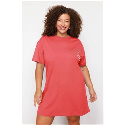 Pembe Bisiklet Yaka slogan Baskılı %100 Pamuk Örme Büyük Beden T-shirt Elbise TBBSS23AH00162
