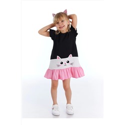 DenokidsBeyaz Kedi Fırfırlı Kız Çocuk Elbise