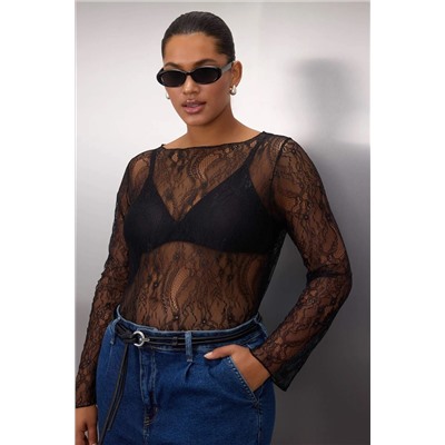Siyah Regular Fit Kayık Yaka Dantel Esnek Örme Büyük Beden Bluz TBBAW26AF00031