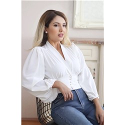 Ritnice Kadın Ekru Balon Kol Crop Bluz 1075