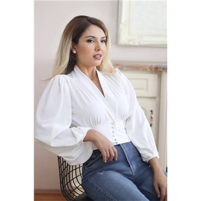 Ritnice Kadın Ekru Balon Kol Crop Bluz 1075