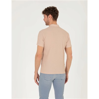 Bej Slim Fit Fermuarlı Polo Yaka Tişört