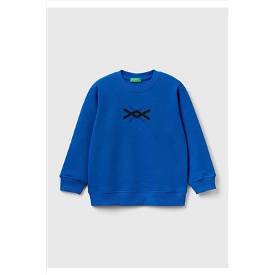 United Colors of BenettonErkek Çocuk Saks Mavi Slogan Baskılı Renk Bloklu Sweatshirt Saks Mavi
