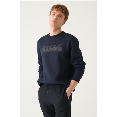 Lacivert Bisiklet Yaka 3 İplik İçi Polarlı Baskılı Regular Fit Standart Kesim Sweatshirt
