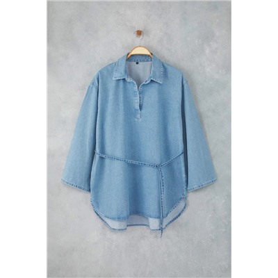 Mavi Oversize/Bol Kesim Denim Büyük Beden Gömlek TBBAW26AX00003