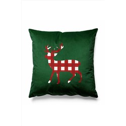 Pilloveland Yeşil Zeminde Damalı Geyik Desenli Çift Tarafı Baskılı Süet Kırlent Kılıfı Yılbaşı Christmas Noel PLVCHRYES