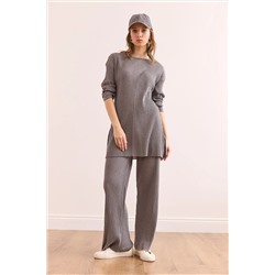 Olalook Kadın Antrasit Üst Yırtmaçlı Bluz Alt Palazzo Fitilli Takım TKM-19000180