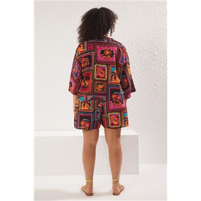 Çok Renkli Tropikal Desenli Bağlama Detaylı Beachwear Büyük Beden Alt-Üst Takım TBBSS25CP00001