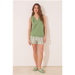 Pijama corto tirantes algodón pliegues verde