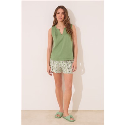 Pijama corto tirantes algodón pliegues verde