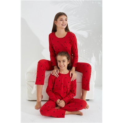 Siyah İnci Kırmızı Pamuklu Pijama Takımı 7613
