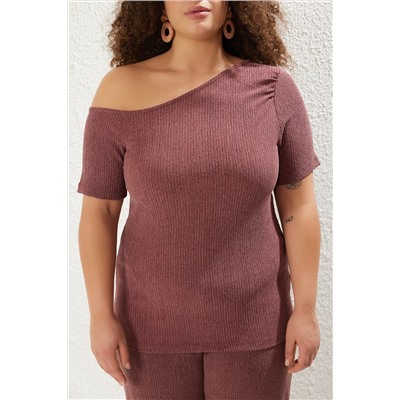 Mürdüm Asimetrik Yaka Fitted Bürümcük Dokulu Kumaş Örme Büyük Beden Alt-Üst Takım TBBSS25CP00006
