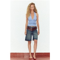 DENIM TRF LOW-RISE BERMUDA SHORTS WITH TAB