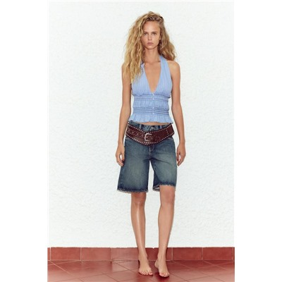 DENIM TRF LOW-RISE BERMUDA SHORTS WITH TAB