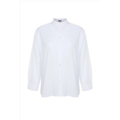 Beyaz Loose Fit Basic Pamuklu Uzun Kollu Dokuma Büyük Beden Gömlek TBBSS22GO0319