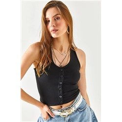 Olalook Kadın Siyah Boyundan Askılı Düğmeli Crop Fitilli Bluz BLZ-19002338