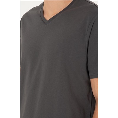 Erkek Regular Fit V Yaka Antrasit Basic Tişört