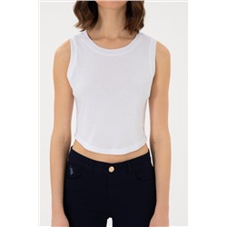 Kadın Beyaz Kolsuz Bisiklet Yaka Crop Basic Tişört