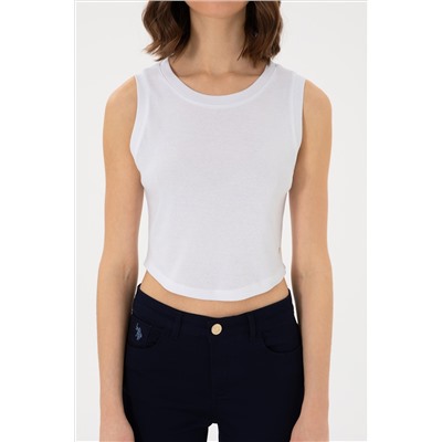 Kadın Beyaz Kolsuz Bisiklet Yaka Crop Basic Tişört
