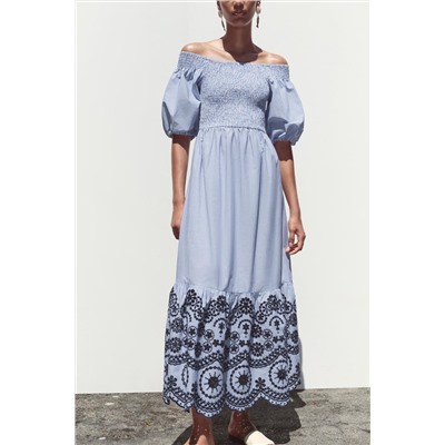 STRIPED EMBROIDERED MIDI DRESS