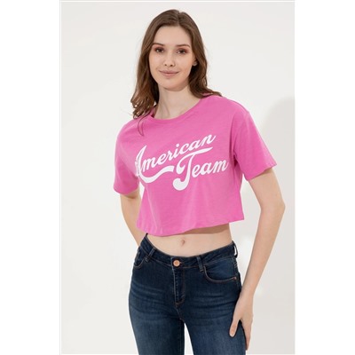 Kadın Pembe Bisiklet Yaka Crop Tişört