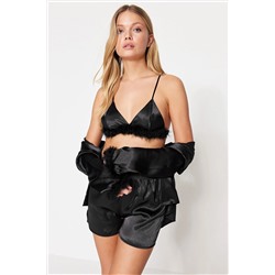TRENDYOLMİLLA Siyah Otriş Detaylı 3'lü Saten Gömlek-Bralet-Şort Dokuma Pijama Takımı THMSS23PT00209