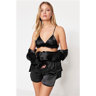 TRENDYOLMİLLA Siyah Otriş Detaylı 3'lü Saten Gömlek-Bralet-Şort Dokuma Pijama Takımı THMSS23PT00209