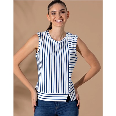 İndigo Çizgili Comfort Fit Kolsuz Bluz