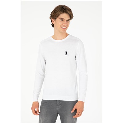 Erkek Slim Fit Bisiklet Yaka Beyaz Basic Kazak