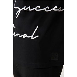 Siyah %100 Pamuk Bisiklet Yaka Baskılı T-Shirt