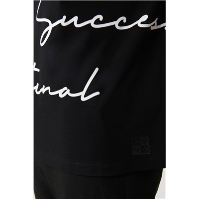 Siyah %100 Pamuk Bisiklet Yaka Baskılı T-Shirt