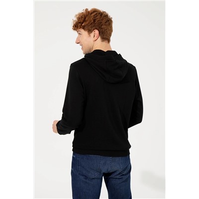 Erkek Siyah Kapüşonlu Basic Sweatshirt