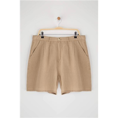 Bej %100 Keten Dokuma Şort & Bermuda TBBSS25AP00038