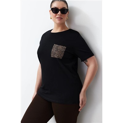 Siyah Oversize Animal Baskılı Cep etaylı %100 Pamuk Örme Büyük Beden T-shirt TBBSS24BF00059