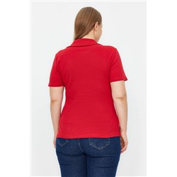Kırmızı Polo Yaka Vücuda Oturan Fitilli Örme Bluz TBBSS22BZ0750