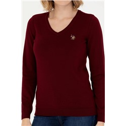 Kadın Bordo V - Yaka Basic Kazak