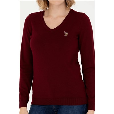 Kadın Bordo V - Yaka Basic Kazak