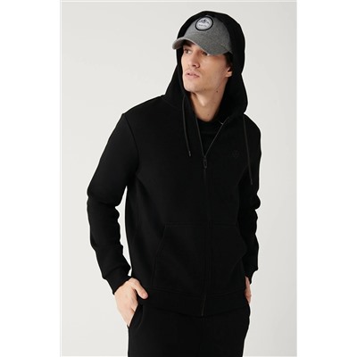 Avva Siyah Unisex Sweatshirt Kapüşonlu Yaka Içi Polarlı 3 Iplik Fermuarlı Standart Fit Normal Kesim E001019