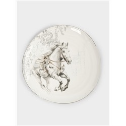 Тарелка обеденная, 28 см, фарфор N, белая, с серебристым кантом, Конь, White horse