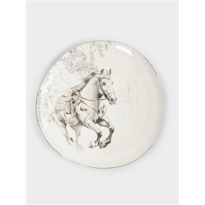 Тарелка обеденная, 28 см, фарфор N, белая, с серебристым кантом, Конь, White horse