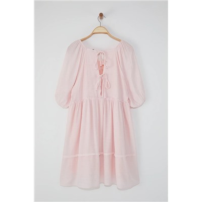 Pembe Balon Kol Crinkle Mini Dokuma Büyük Beden Elbise TBBSS25AH00168