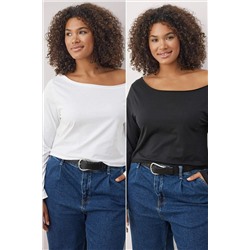 Siyah-Beyaz 2'li Paket %100 Pamuk Asimetrik Kayık Yaka Crop Örme T-Shirt TBBAW26BF00001