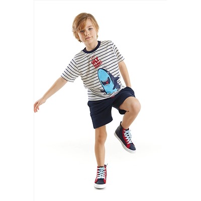 Denokids Dude Shark Erkek Çocuk Çizgili Köpekbalığı T-shirt Lacivert Şort Takım CFF-23Y1-037