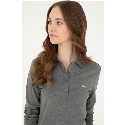 Kadın Antrasit Melanj Basic Polo Yaka Sweatshirt