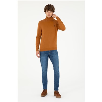 Erkek Slim Fit Boğazlı Yaka Saks Basic Sweatshirt