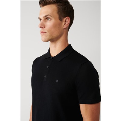 Siyah Pamuklu Polo Yaka Regular Fit Standart Kesim İnce Triko T-Shirt