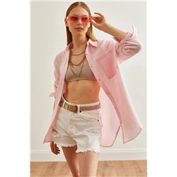 Olalook, Kadın Şeker Pembe Oversize Basic Müslin Gömlek GML-19001217